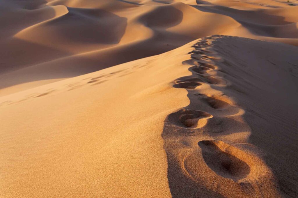 Footsteps on sand dunes in desert