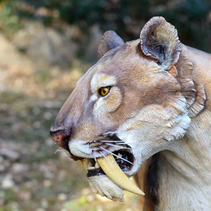 Saber-Tooth Tiger, artificial model photographed outdoor