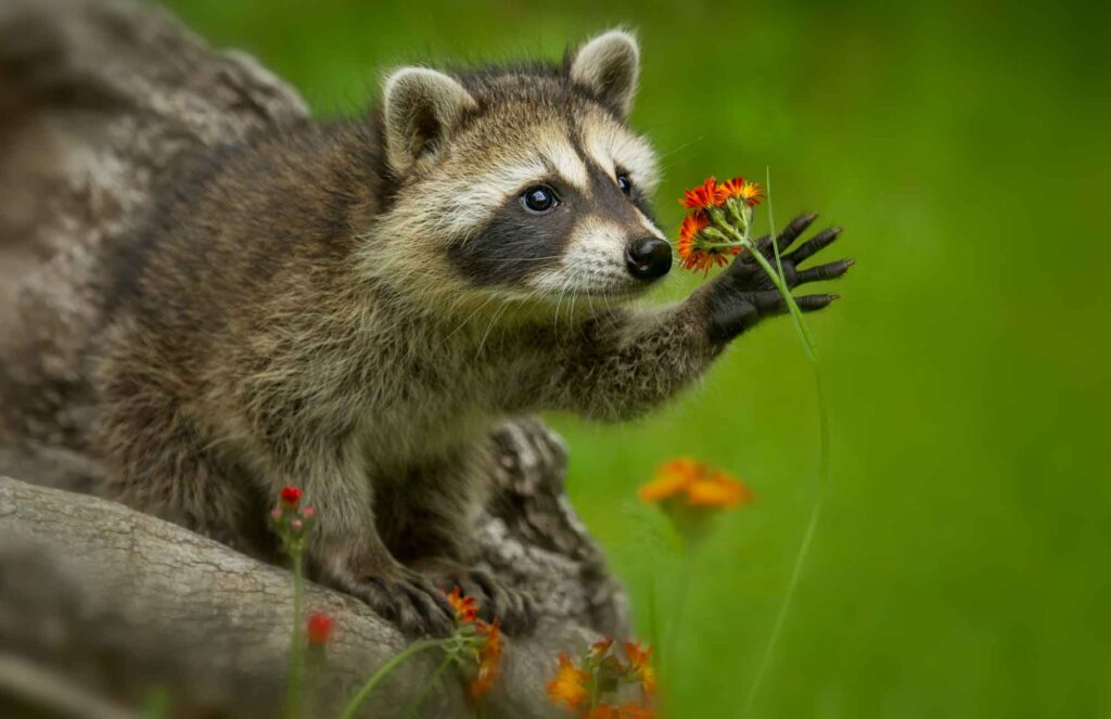 Raccoon catching a flower